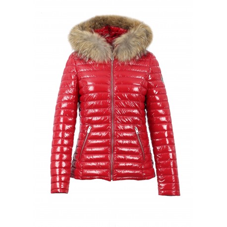 red down jacket with fur hood