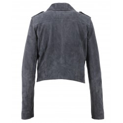 ZULINA (REF. 63637) PETROLE - BLOUSON BIKER COURT CUIR VERITABLE CHEVRE VELOURS