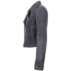 ZULINA (REF. 63637) PETROL BLUE - GENUINE GOAT SUEDE CROPPED BIKER JACKET